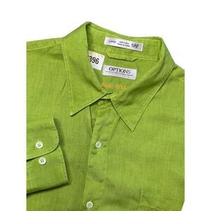 Options Men's Large 16-16,5 Long Sleeve Button-Up Pocket Collared Green Linen Sh